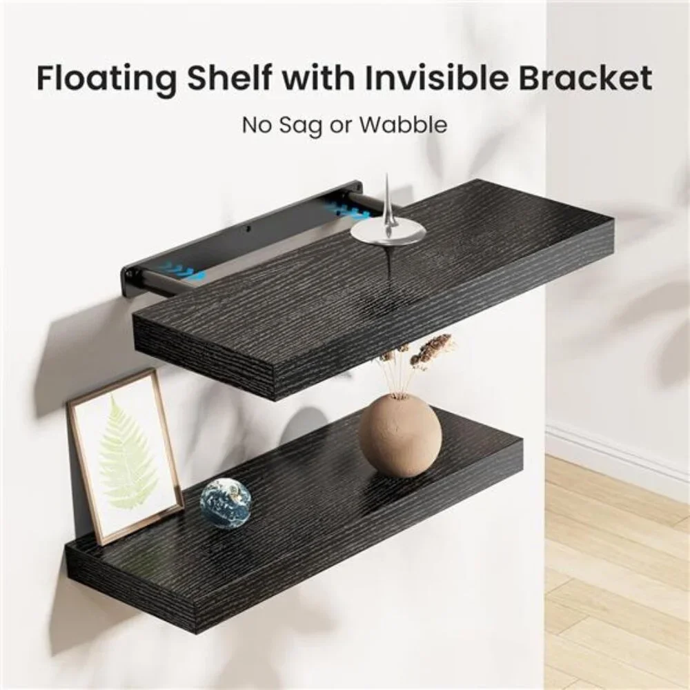 Floating Shelves Black, Wall Shelves with Invisible Brackets for Bedroom